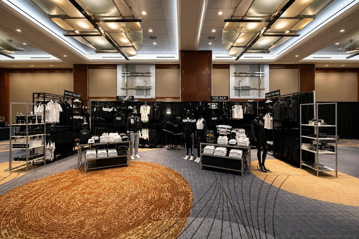 Black-and-white National Bar Association apparel displays at a conference store