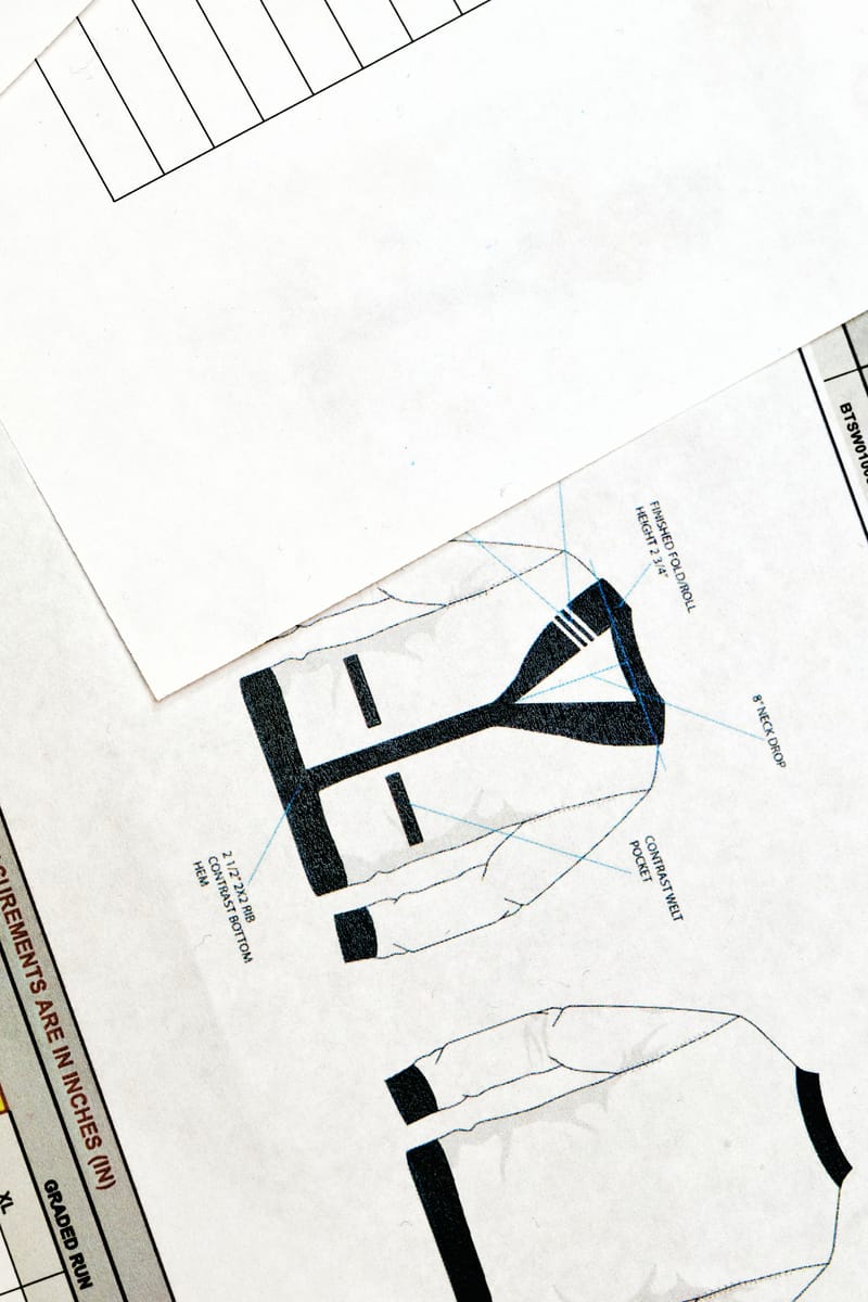 Technical garment spec sheets with measurements and construction details