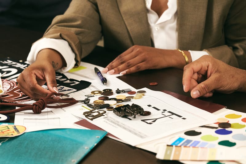 Two people reviewing fabric swatches and design documents at a work table